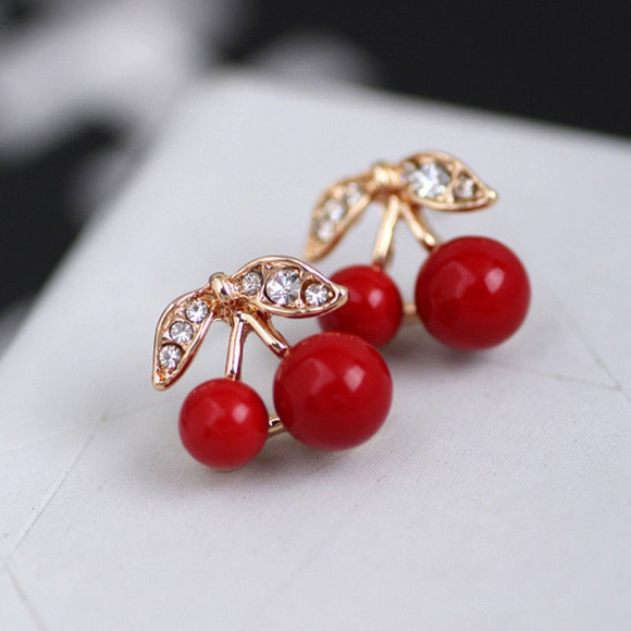 Gold plated cherries stud earrings NWOT - Picture 2 of 4